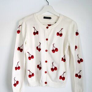 Cherry Embroidered Cardigan • White Knit Button-Up Sweater • S